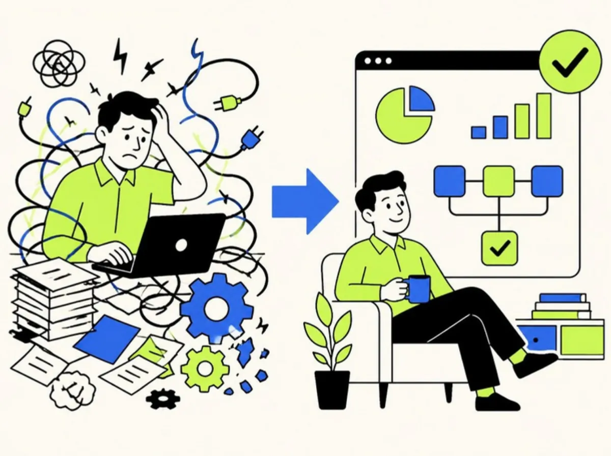 Business owner stressed by tangled spreadsheets, paperwork and cables, then relaxed beside a clean custom software dashboard